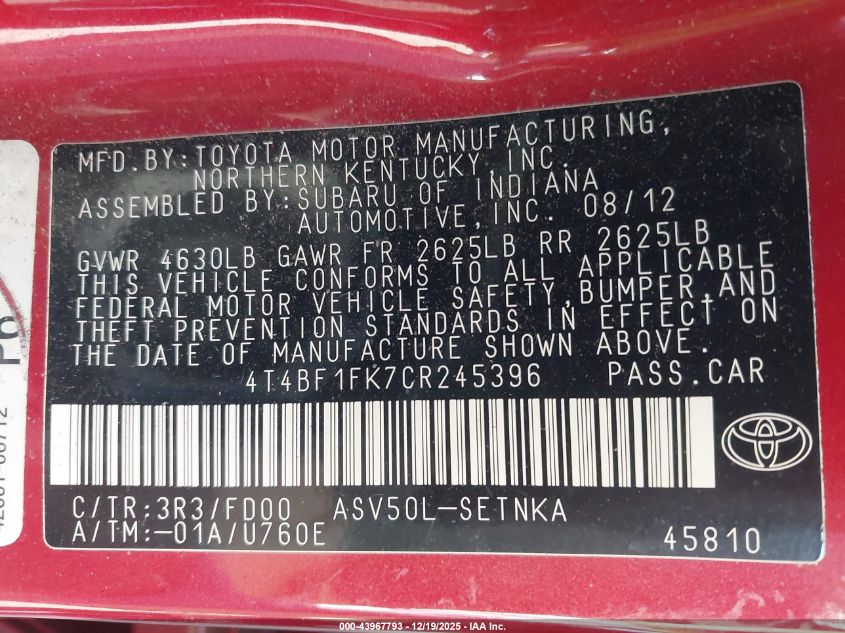 2012 Toyota Camry Le VIN: 4T4BF1FK7CR245396 Lot: 43967793