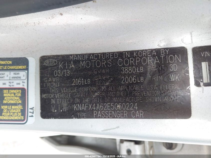 2014 Kia Forte Lx VIN: KNAFX4A62E5060224 Lot: 43967794