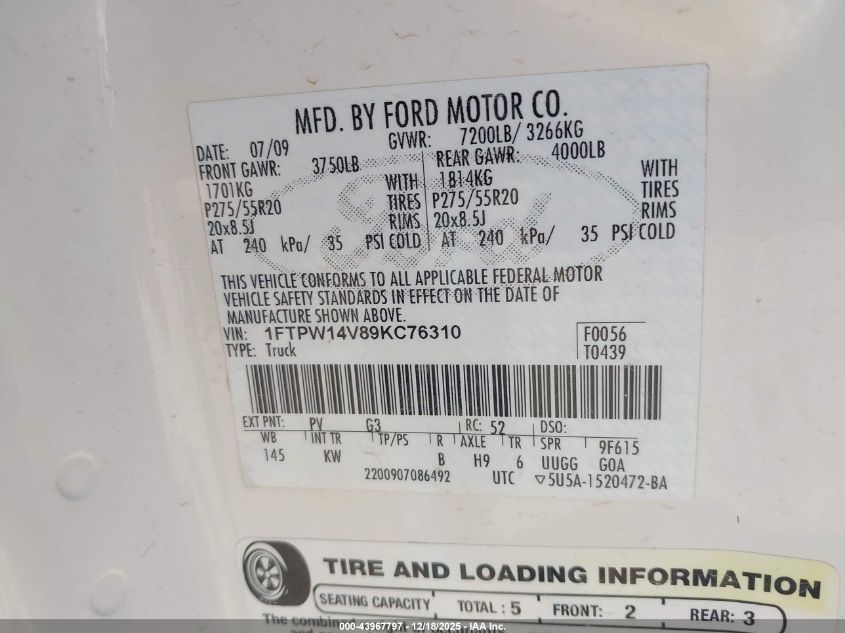 2009 Ford F-150 King Ranch VIN: 1FTPW14V89KC76310 Lot: 43967797