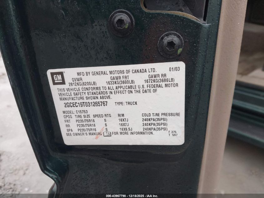 2003 Chevrolet Silverado 1500 Ls VIN: 2GCEC19T031265767 Lot: 43967798