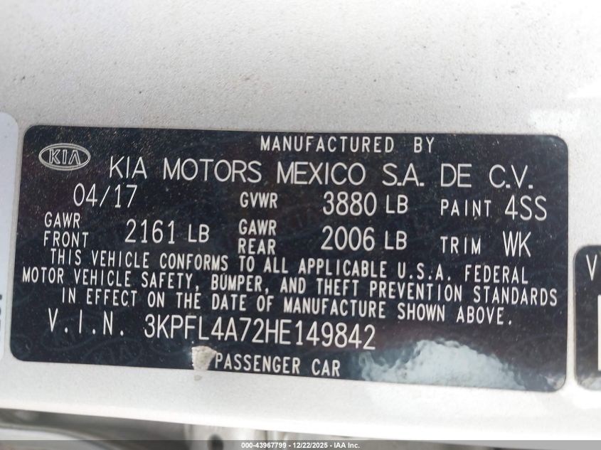 2017 Kia Forte Lx VIN: 3KPFL4A72HE149842 Lot: 43967799