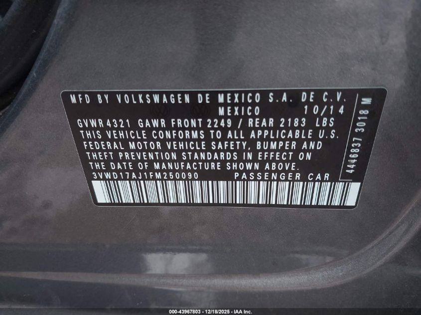 2015 Volkswagen Jetta 1.8T Se VIN: 3VWD17AJ1FM250090 Lot: 43967803