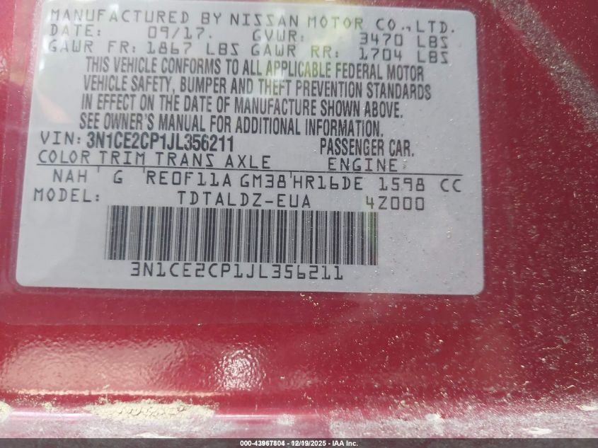 2018 Nissan Versa Note Sv VIN: 3N1CE2CP1JL356211 Lot: 43967804