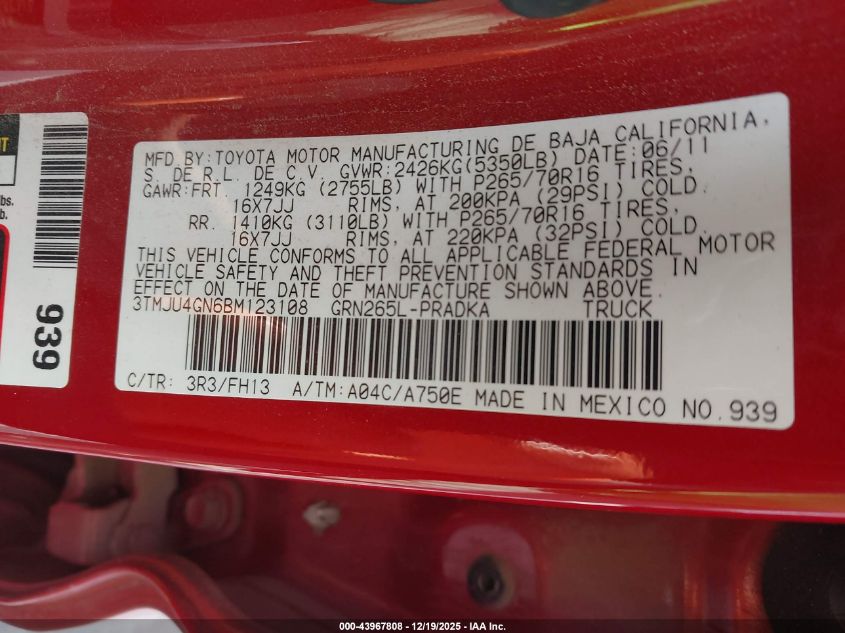 2011 Toyota Tacoma Prerunner V6 VIN: 3TMJU4GN6BM123108 Lot: 43967808