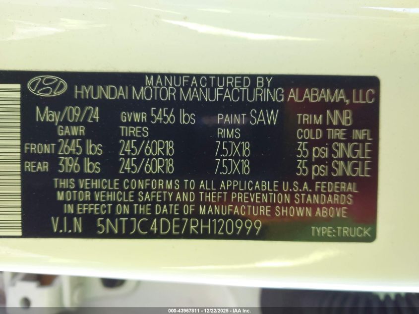 2024 Hyundai Santa Cruz Sel VIN: 5NTJC4DE7RH120999 Lot: 43967811