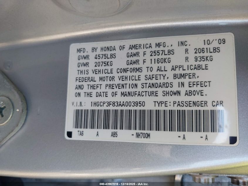2010 Honda Accord 3.5 Ex-L VIN: 1HGCP3F83AA003950 Lot: 43967816