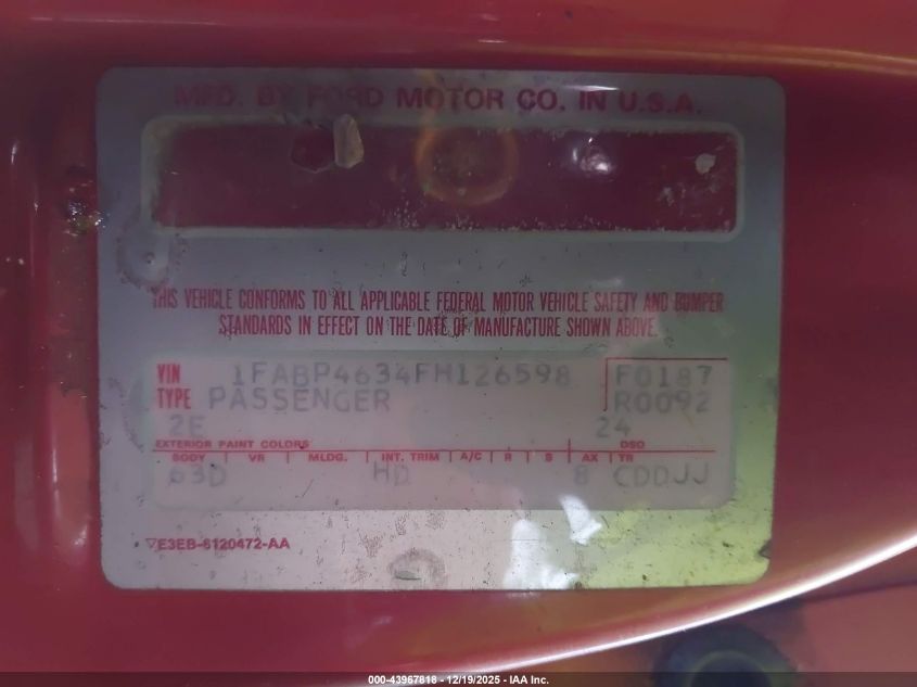 1985 Ford Thunderbird VIN: 1FABP4634FH126598 Lot: 43967818