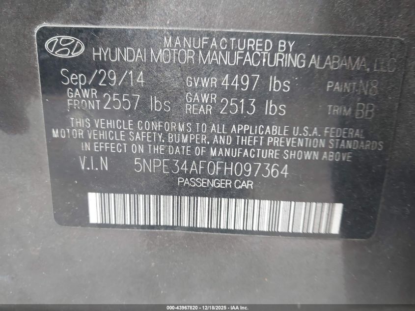 2015 Hyundai Sonata Sport VIN: 5NPE34AF0FH097364 Lot: 43967820