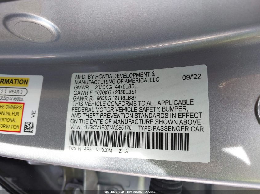 2022 Honda Accord Sport VIN: 1HGCV1F37NA085170 Lot: 43967822