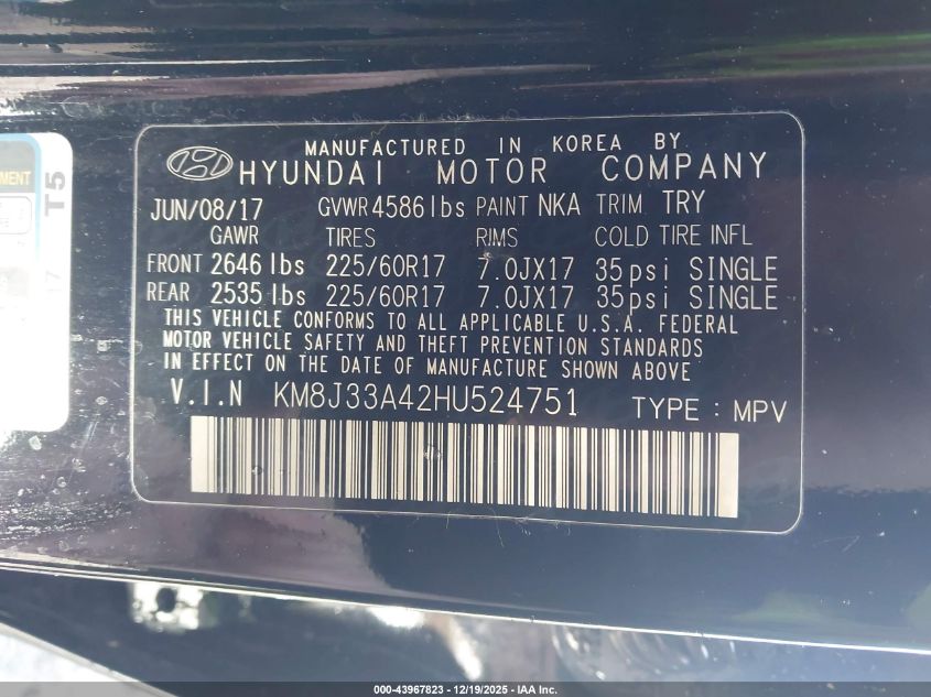 2017 Hyundai Tucson Se Plus VIN: KM8J33A42HU524751 Lot: 43967823