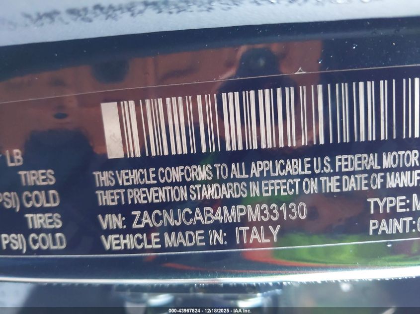 2021 Jeep Renegade Jeepster Fwd VIN: ZACNJCAB4MPM33130 Lot: 43967824