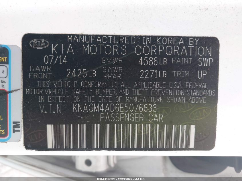 2014 Kia Optima Hybrid Lx VIN: KNAGM4AD6E5076633 Lot: 43967828