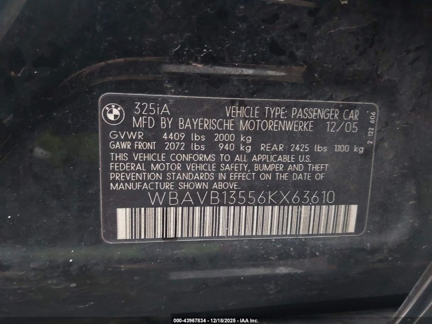 2006 BMW 325I VIN: WBAVB13556KX63610 Lot: 43967834