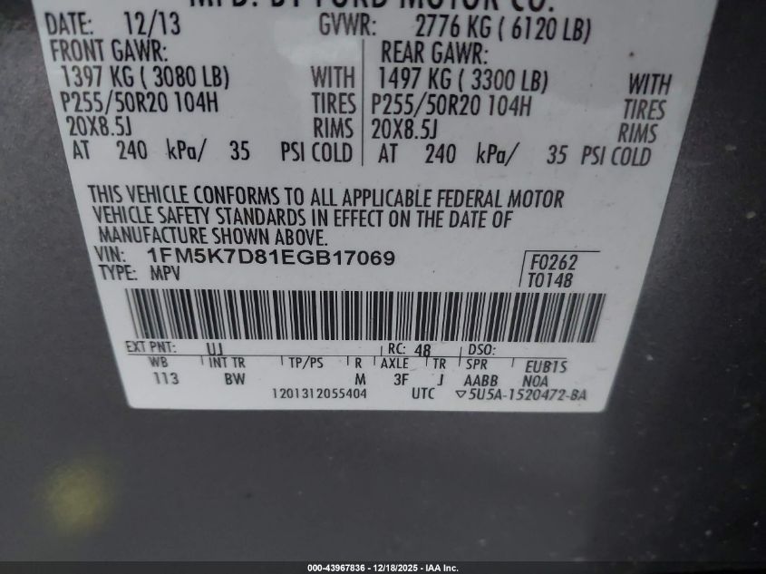 2014 Ford Explorer Xlt VIN: 1FM5K7D81EGB17069 Lot: 43967836