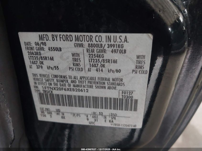 1999 Ford F-250 Lariat/Xl/Xlt VIN: 1FTNX20F6XEB20612 Lot: 43967837