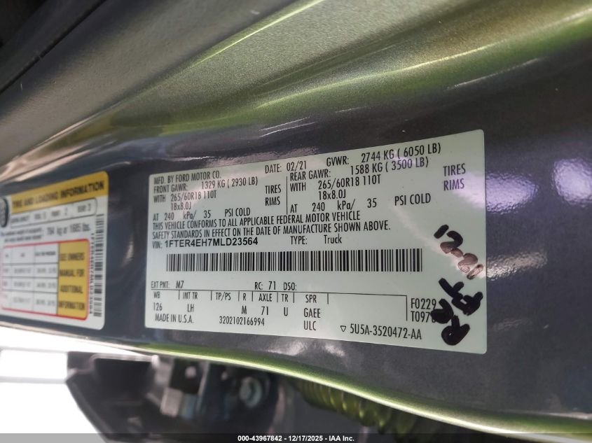 2021 Ford Ranger Xlt VIN: 1FTER4EH7MLD23564 Lot: 43967842