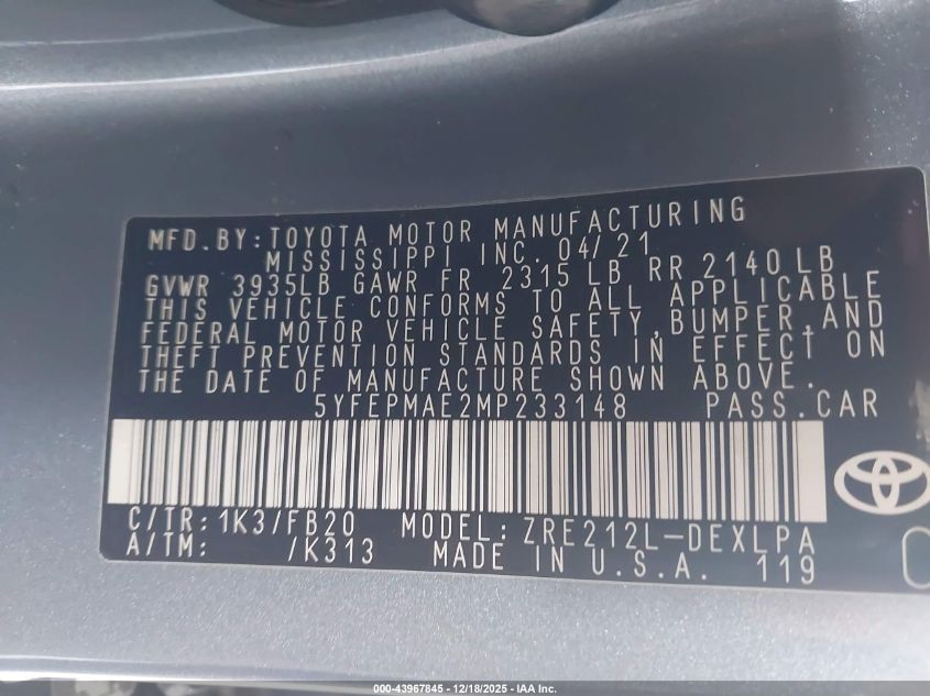 2021 Toyota Corolla Le VIN: 5YFEPMAE2MP233148 Lot: 43967845