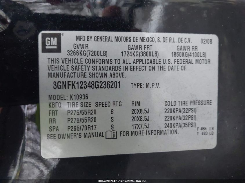 2008 Chevrolet Avalanche 1500 Ltz VIN: 3GNFK12348G236201 Lot: 43967847