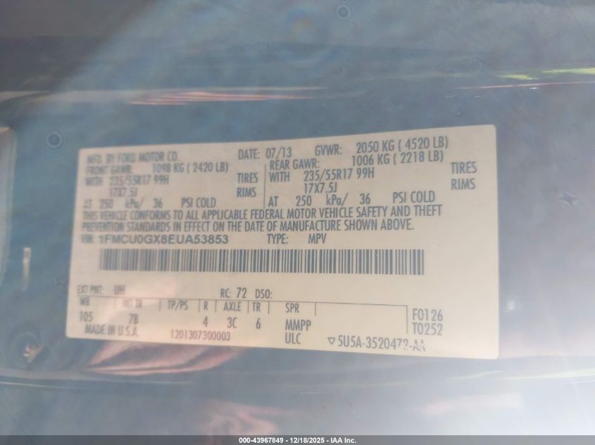 2014 Ford Escape Se VIN: 1FMCU0GX8EUA53853 Lot: 43967849