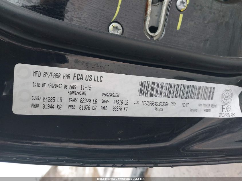 2016 Dodge Dart Sxt VIN: 1C3CDFBB4GD623860 Lot: 43967852