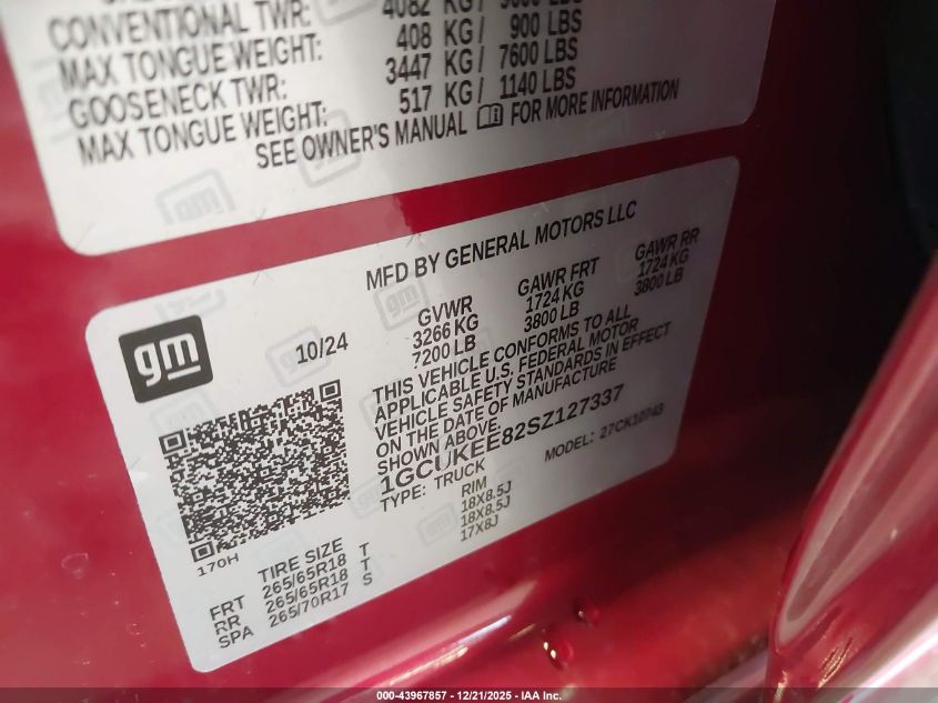 2025 Chevrolet Silverado 1500 4Wd Standard Bed Rst VIN: 1GCUKEE82SZ127337 Lot: 43967857
