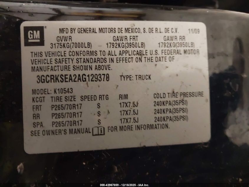 2010 Chevrolet Silverado 1500 Lt VIN: 3GCRKSEA2AG129370 Lot: 43967859