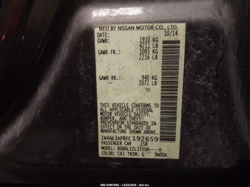 2015 Nissan Altima 2.5 Sv VIN: 1N4AL3AP8FC192659 Lot: 43967862