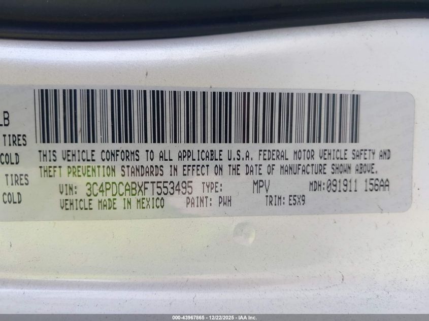 2015 Dodge Journey American Value Pkg VIN: 3C4PDCABXFT553495 Lot: 43967865