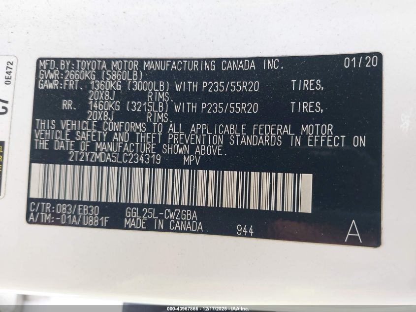 2020 Lexus Rx 350 F Sport Performance VIN: 2T2YZMDA5LC234319 Lot: 43967866