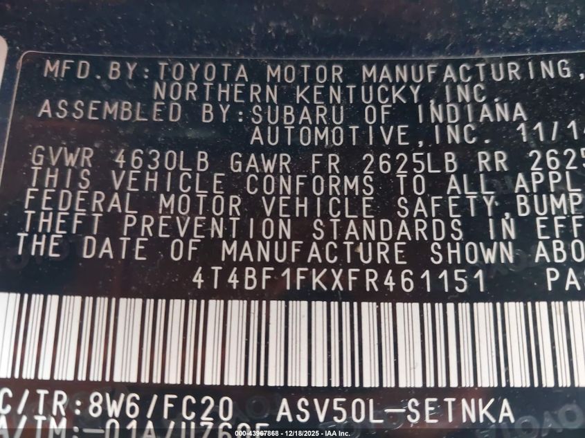 2015 Toyota Camry Le VIN: 4T4BF1FKXFR461151 Lot: 43967868