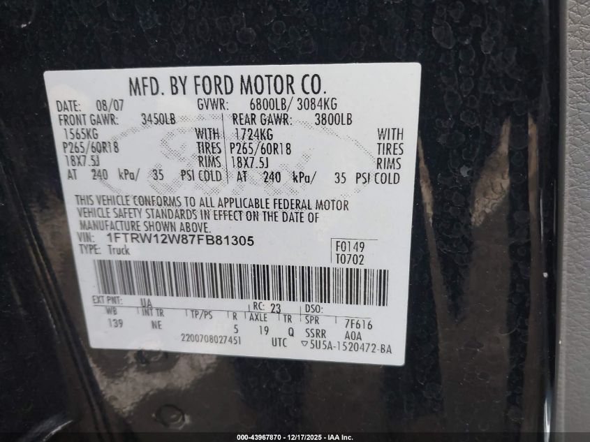 2007 Ford F-150 Xlt VIN: 1FTRW12W87FB81305 Lot: 43967870