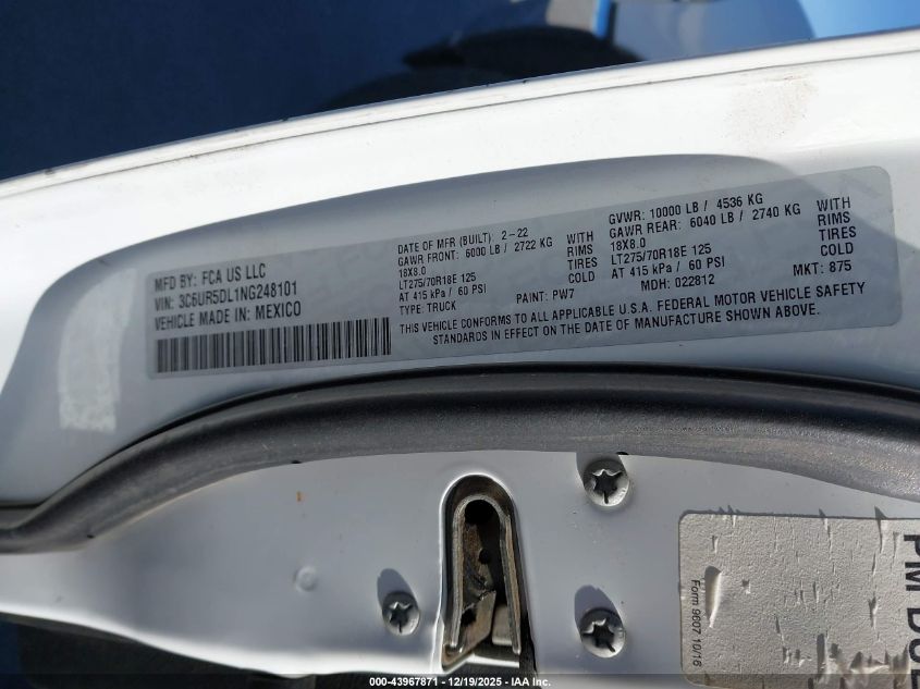 2022 Ram 2500 Big Horn 4X4 6'4 Box VIN: 3C6UR5DL1NG248101 Lot: 43967871