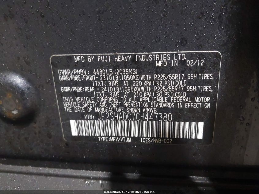 2012 Subaru Forester 2.5X Premium VIN: JF2SHADC7CH447380 Lot: 43967874