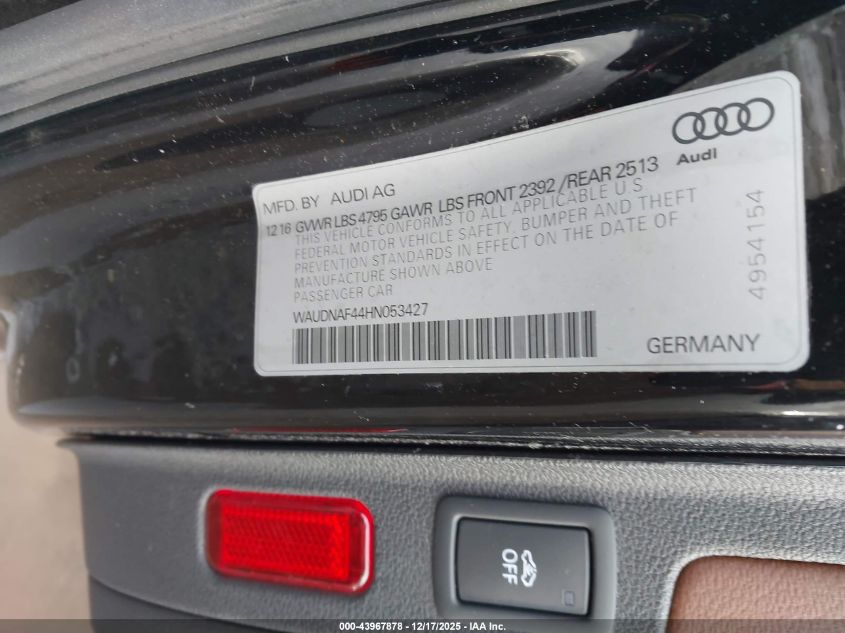 2017 Audi A4 2.0T Season Of Audi Premium VIN: WAUDNAF44HN053427 Lot: 43967878