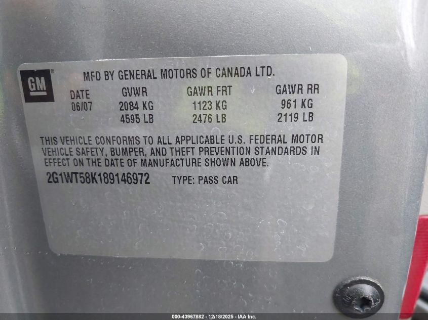 2008 Chevrolet Impala Lt VIN: 2G1WT58K189146972 Lot: 43967882