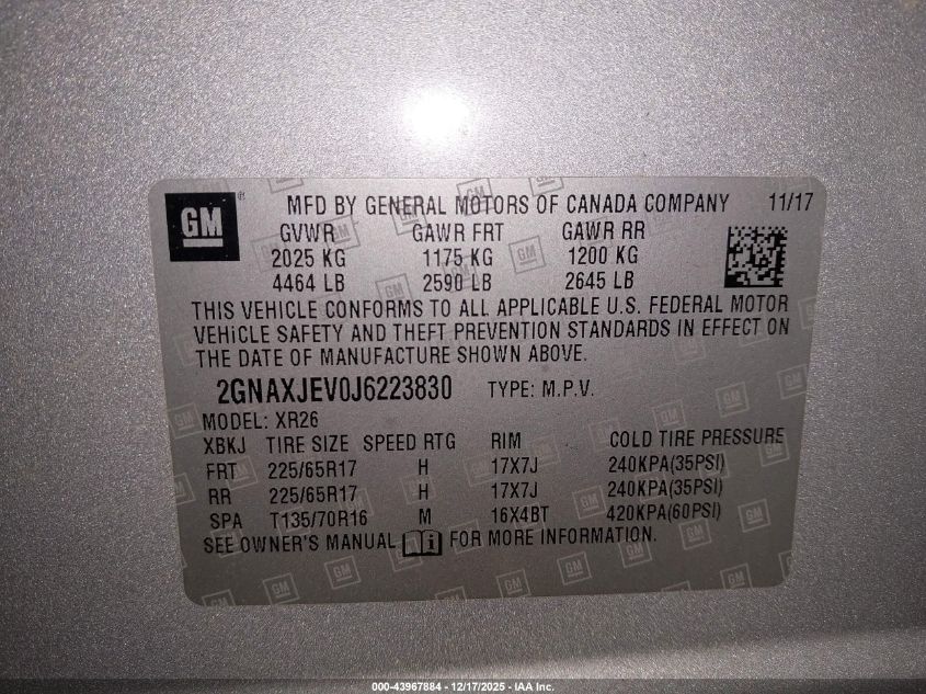2018 Chevrolet Equinox Lt VIN: 2GNAXJEV0J6223830 Lot: 43967884