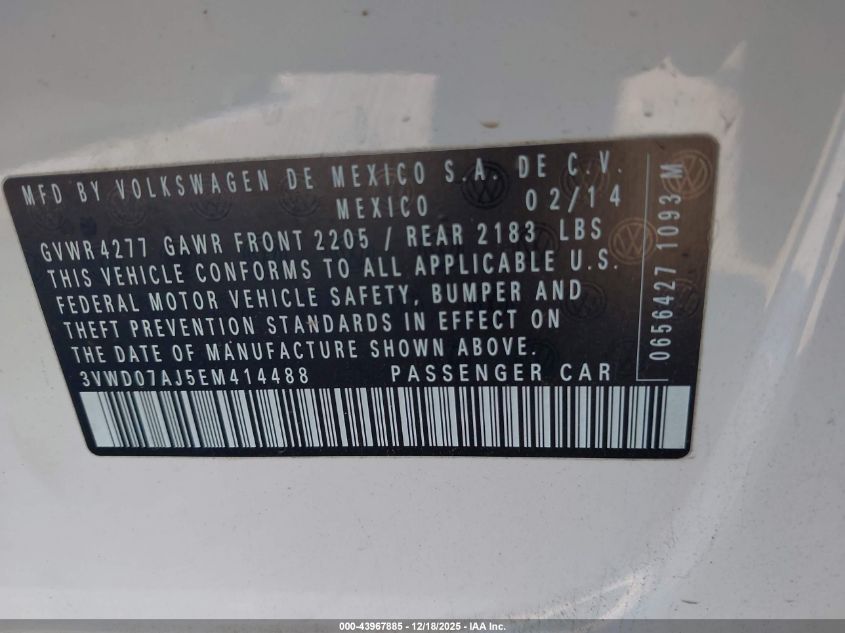 2014 Volkswagen Jetta 1.8T Se VIN: 3VWD07AJ5EM414488 Lot: 43967885