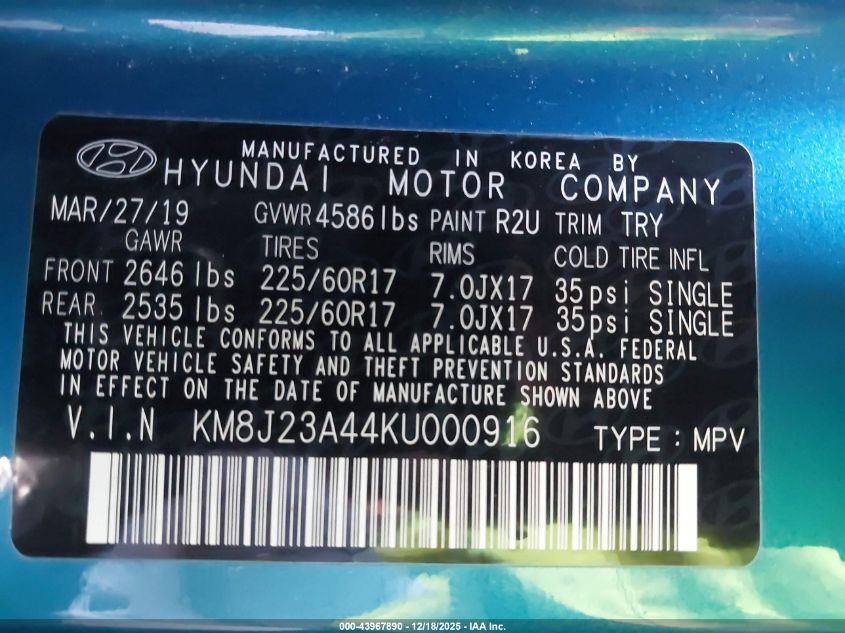 2019 Hyundai Tucson Se VIN: KM8J23A44KU000916 Lot: 43967890