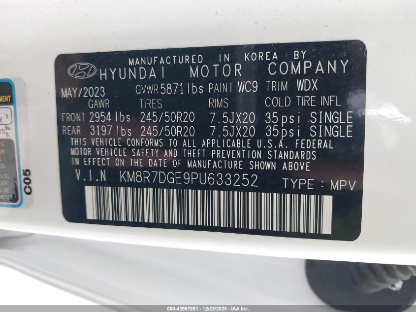 2023 Hyundai Palisade Calligraphy VIN: KM8R7DGE9PU633252 Lot: 43967891