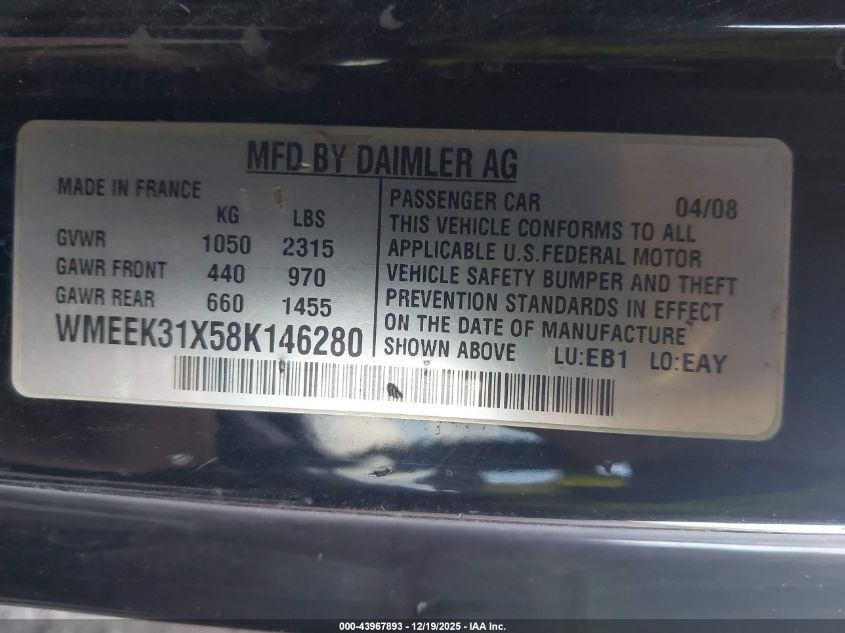 2008 Smart Fortwo Passion VIN: WMEEK31X58K146280 Lot: 43967893