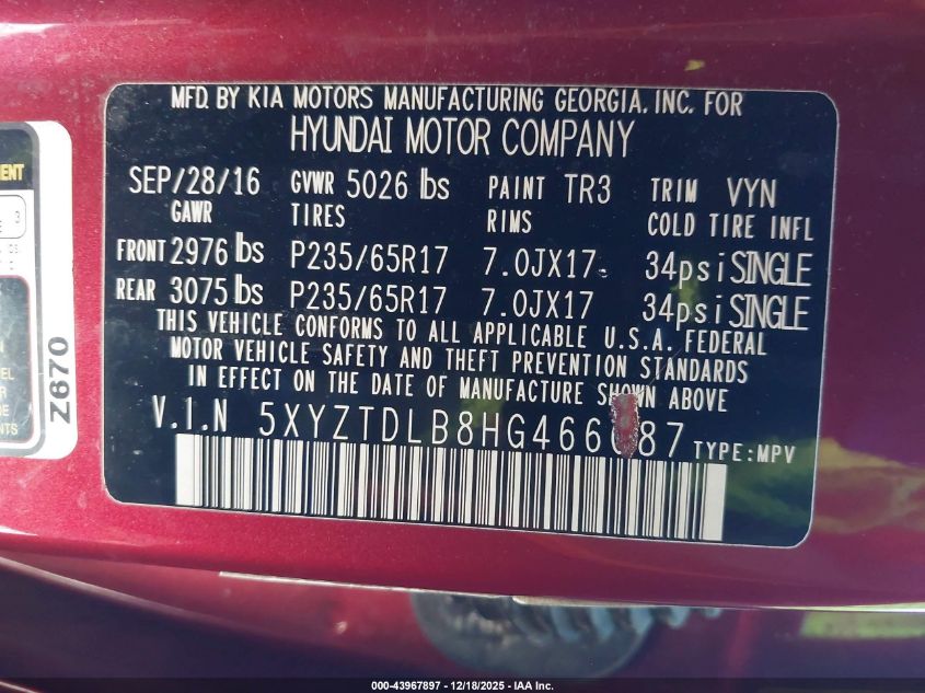 2017 Hyundai Santa Fe Sport 2.4L VIN: 5XYZTDLB8HG466087 Lot: 43967897