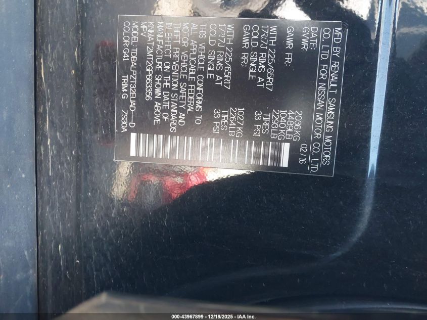 2016 Nissan Rogue S VIN: KNMAT2MT2GP663356 Lot: 43967899