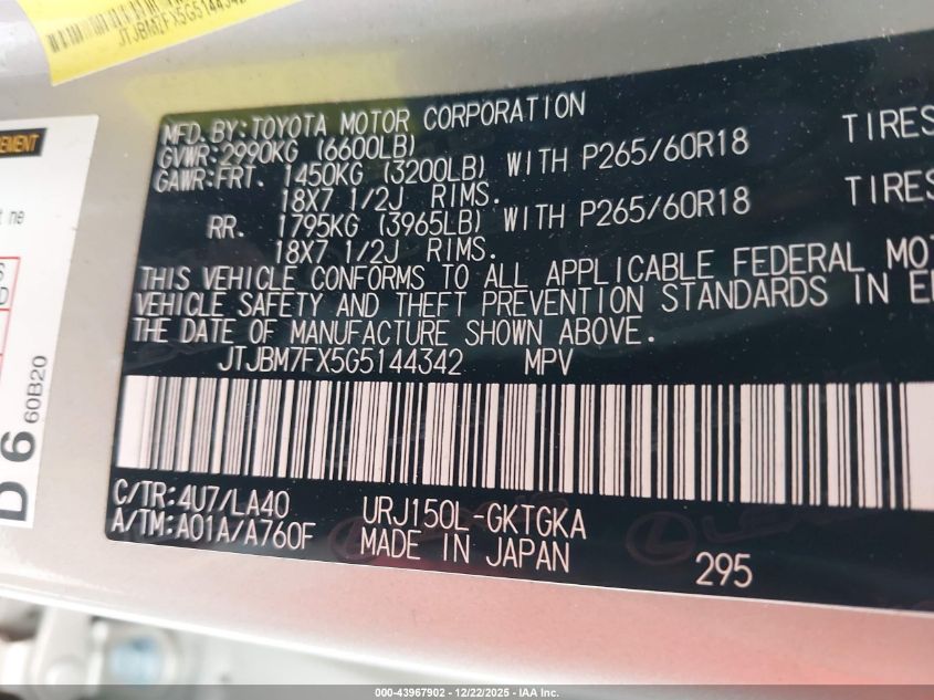 2016 Lexus Gx 460 VIN: JTJBM7FX5G5144342 Lot: 43967902