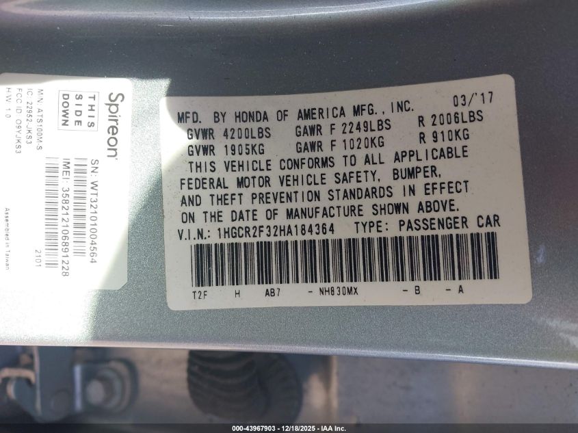 2017 Honda Accord Lx VIN: 1HGCR2F32HA184364 Lot: 43967903