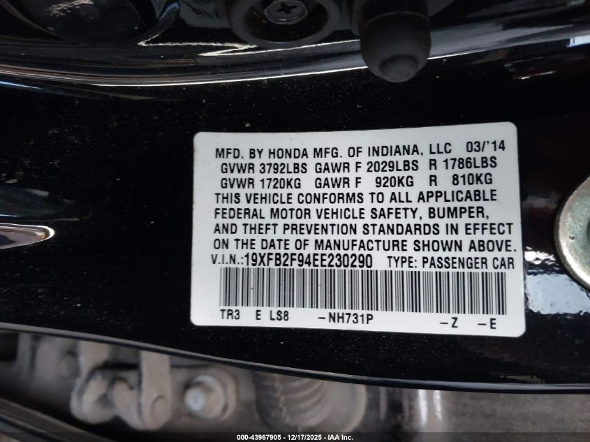 2014 Honda Civic Ex-L VIN: 19XFB2F94EE230290 Lot: 43967905