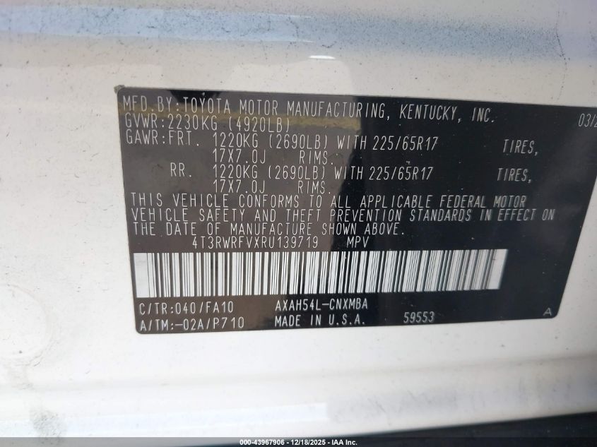 2024 Toyota Rav4 Hybrid Xle VIN: 4T3RWRFVXRU139719 Lot: 43967906