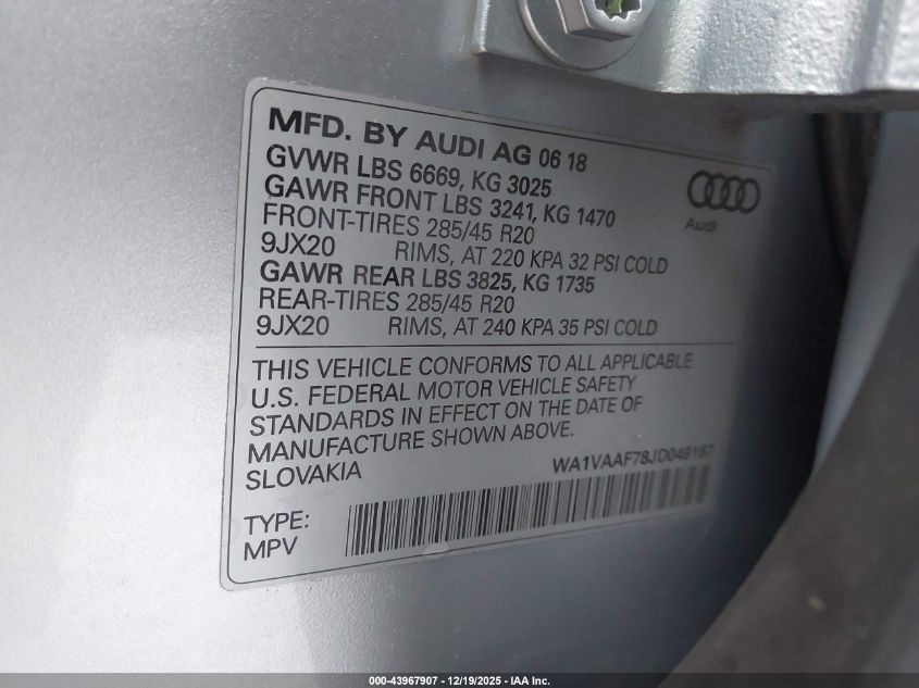 2018 Audi Q7 3.0T Premium VIN: WA1VAAF78JD049187 Lot: 43967907