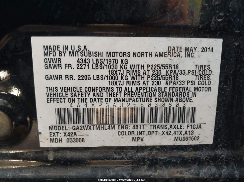 2014 Mitsubishi Outlander Sport Es VIN: 4A4AP3AU2EE030803 Lot: 43967909