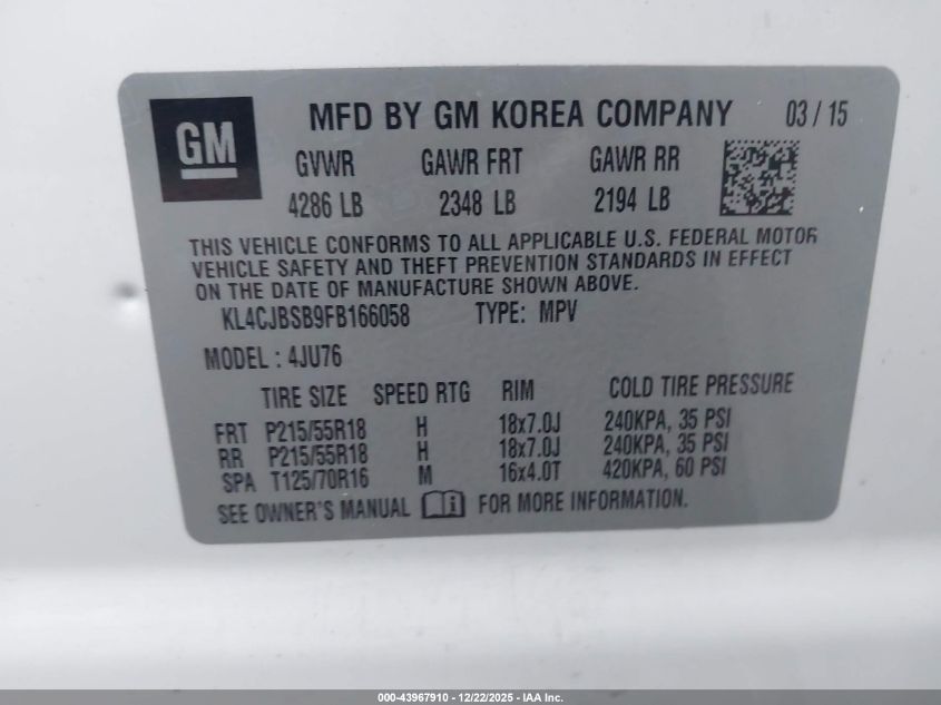 2015 Buick Encore Convenience VIN: KL4CJBSB9FB166058 Lot: 43967910