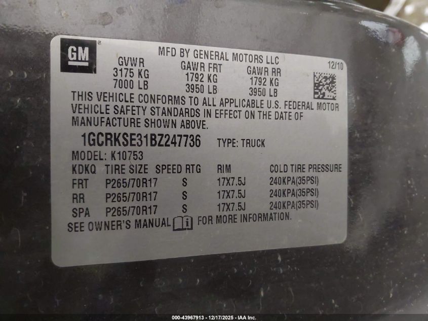 2011 Chevrolet Silverado 1500 Lt VIN: 1GCRKSE31BZ247736 Lot: 43967913